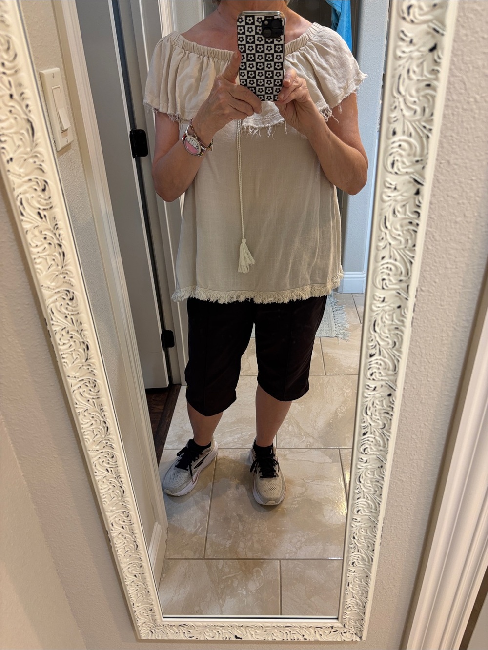 easel Cream Off-Shoulder Tassel Peasant Top